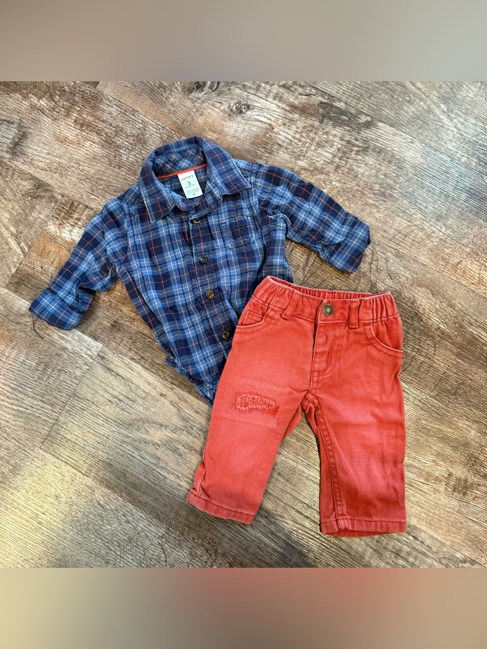 Carters 2 Piece Blue Plaid Button Down Bodysuit Matching Pants Distress 3 Month